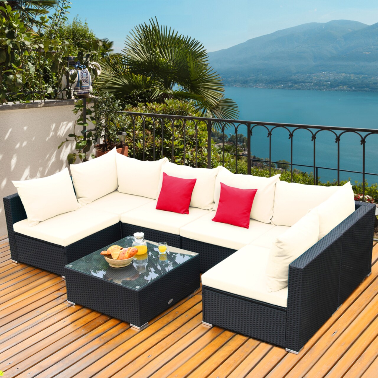 Gymax 7PCS Rattan Patio Conversation Sectional Furniture Set w